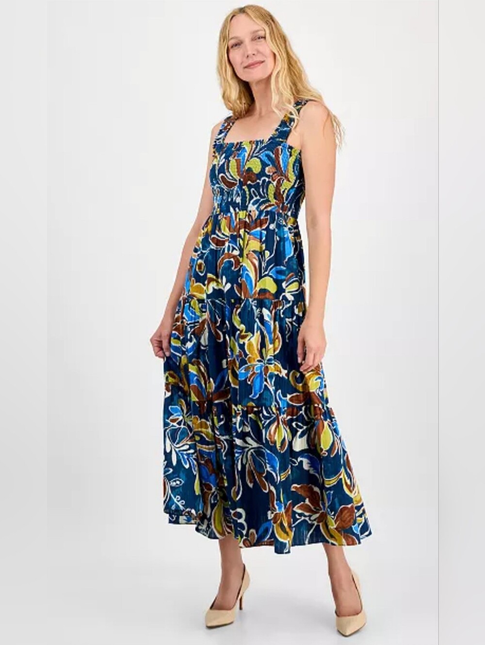Anne Klein Navy Blue Floral Smocked Tiered Maxi Dress